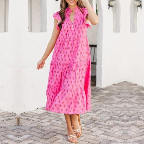 Image of Women Patchwork Dress Y2k Floral Puff Short Sleeve Maxi Dress Summer Boho Smocked Tiered Ruffle Beach Sundress