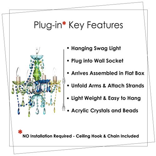 Image of gypsy color The Original Brink House Plug-in 4 Light Blue Green Hanging Swag Chandelier H17.5 inchxW15 inch, Silver Metal Frame with Blue Green Glass Stem and Acrylic Crystals