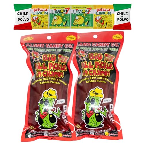 Chamoy Pickles - Pack of 2 Big Tex Dill Pickle in Chamoy Sauce | Includes Chili Lime Seasoning, Pica Limon & Limon 7 | Pepinillos con Chamoy