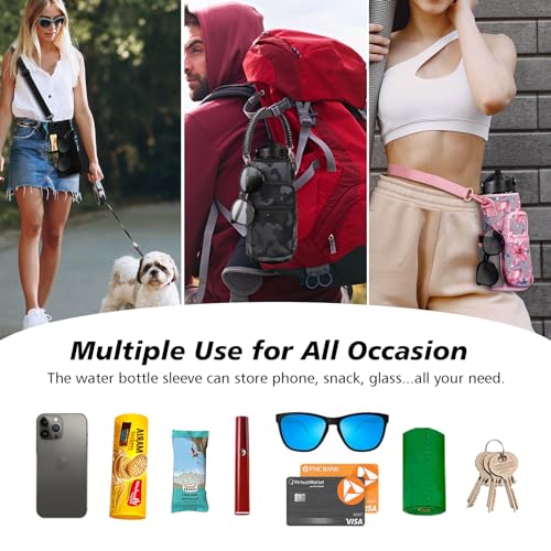 Image of Water Bottle Carrier Bag, 32 oz / 40 oz Water Bottle Sleeve with Paracord Hanlde & Strap, Neoprene Insulated Metal Canteen Pouch Holder with Phone Pocket for Gym, Sport, Fishing-Navy