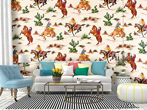 Wall Mural Cactus Cowboys Vintage Fabric Peel and Stick Wallpaper Self Adhesive Wallpaper Large Wall Sticker Removable Vinyl Film Roll Shelf Paper Home Decor