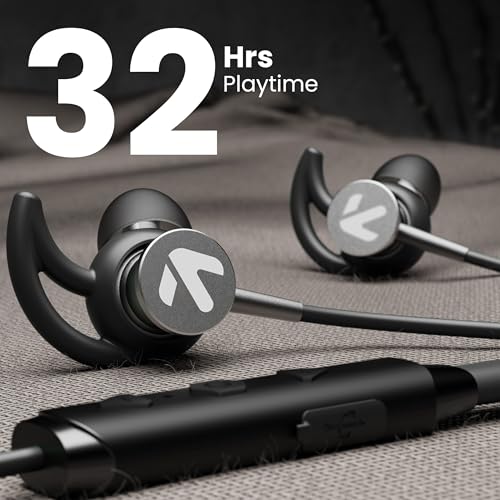 Image of GOBOULT FXCharge Bluetooth Earphone with 32H Playtime, Dual Pairing Neckband, Zen ENC Mic, Type-C Fast Charging (5Mins=7.5Hrs), 14.2mm Bass Driver IPX5 Silicone Neck Band(Black)
