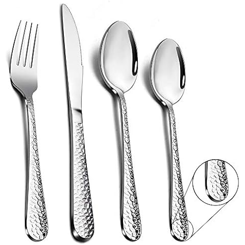 Cutlery Set, Stainless Steel 32 Piece Flatware Set for 8, Hammered Design Silverware Set for Big Family/Camping/Picnic, Eating Utensils with Knife Fork Spoon, Mirror Polish & Dishwasher Safe Cover