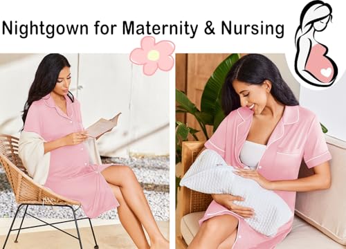 Image of Ekouaer Nightgowns for Women Button Down Sleepshirt Short Sleeve Nightshirt Boyfriend Pajamas V Neck Nightdress S-XXXL