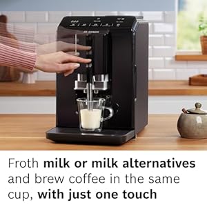Bosch tiu20109 300 series fully automatic espresso machine with milk express in cup frother onetouch milk based beverages and 5 beverage options black  urban country home decor