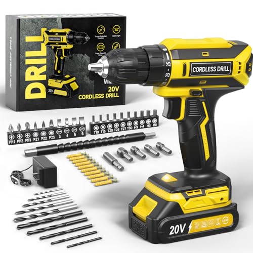 VIWKO Akkuschrauber, 20V Akku Bohrschrauber, 25+1 Drehmomentstufen Akkubohrer, 42Nm Max Drehmoment, LED-Licht, 56 tlg Akkuschrauber Set für Wartungsarbeiten und Heimwerkerprojekte, Gelb