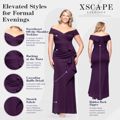 Image of Xscape Women's Long Off-the-Shoulder Sweetheart Neckline Formal Evening Gown with Ruching and Draped Ruffle Detail