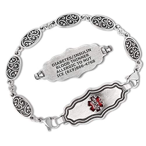 Divoti Custom Engraved Medical Alert Bracelets for Women, Stainless Steel Medical Bracelet, Medical ID Bracelet w Antique Silver Plating – Heritage Silver – Victorian Art Deco TP Red-9.0