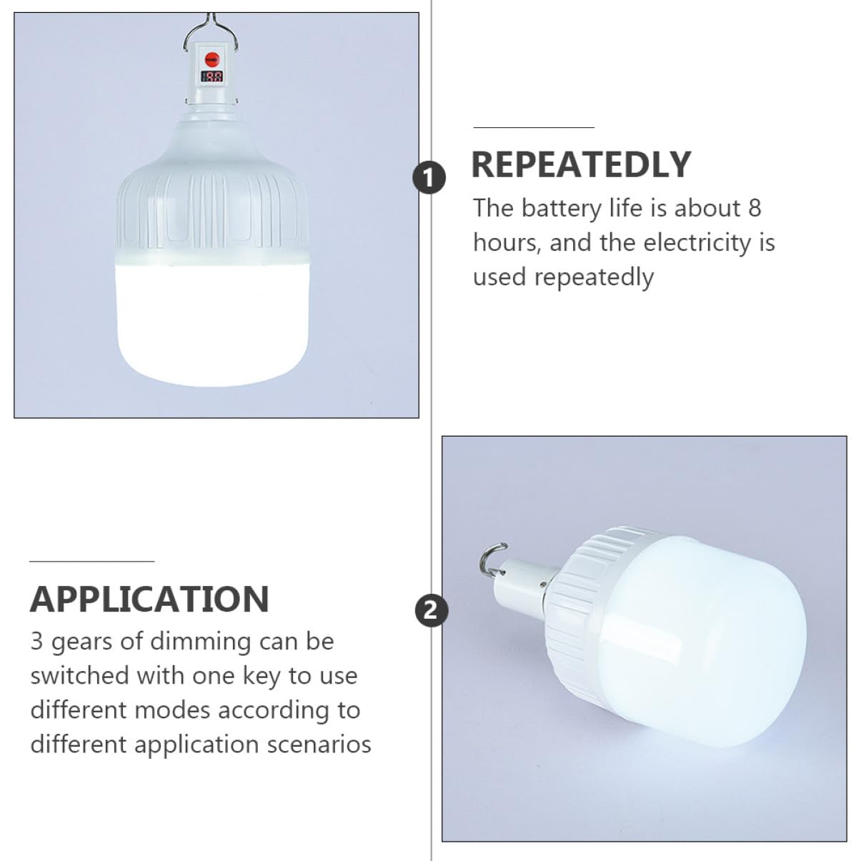 Lampe de Camping Plastique Blanc LED Rechargeable 100w 3 Niveaux de Luminosité, Batterie 1200mah Pêche de Nuit Urgences