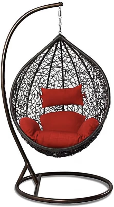 Image of Single Seater Swing Chair with Stand & Cushion Outdoor Indoor Balcony Garden Patio, Powder Coated Frame, UV-Protected Wicker, Premium Cushion, Swing Chair (Black-RED)