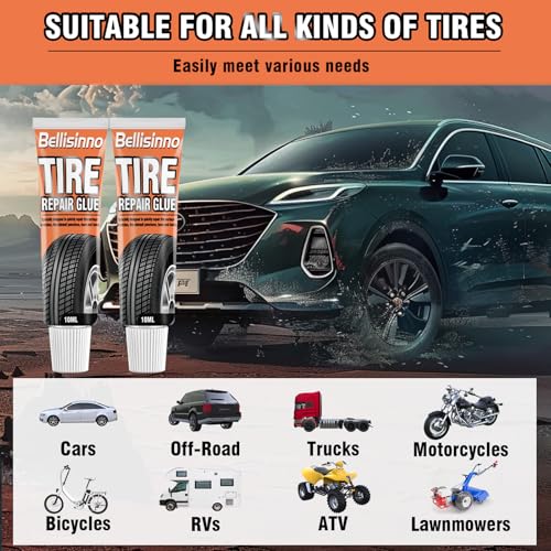 Bellisinno タイヤ修理接着剤、サイドウォールゴムセメントキット、2つのサイズの釘、バイク、車、オートバイ、オフロード、トラック、トラクターに適しています(10ml*2)
