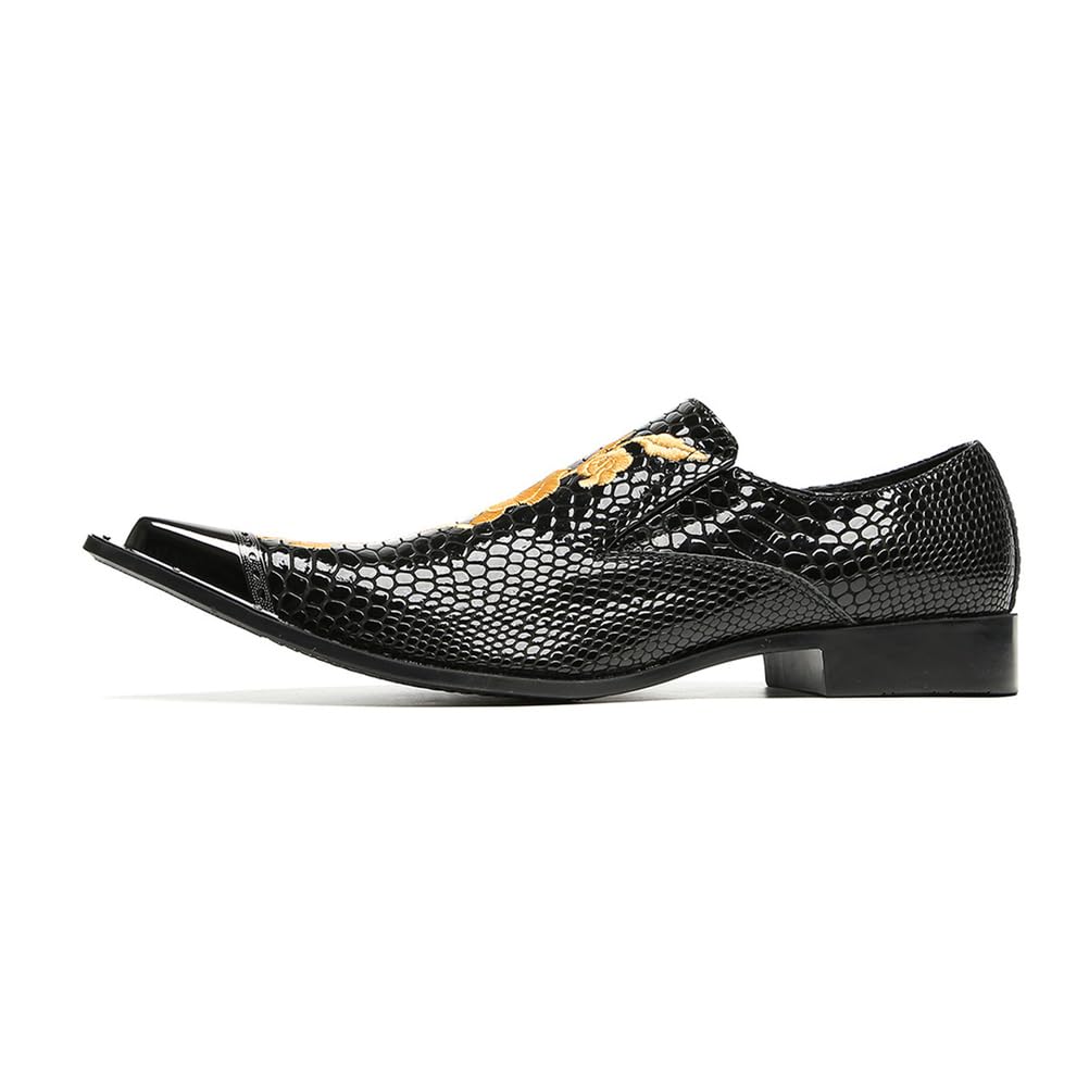 Scarpe da Cerimonia Uomo con Ricamo a Rosa Dorata, Mocassini in Pelle Rossa Trama Serpente con Punta Metallica per Matrimoni e Gala