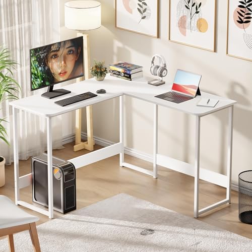 Image of Lukzer Engineered Wood L-Shaped Corner Study and Computer Laptop Table for Home or Office | MST-007 /White & White | Multi-Functional Gaming Station and WFH Desk with Metal Frame