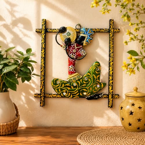 Image of iHandikart Handmade Metal Wall Art Sculpture for Home Decor | Traditional Rajasthani Folk Dancer Wall Hanging | Hand-Painted Iron Wall Art with Stone Work | Living Room & Bedroom Decor| 9 x 9 Inch