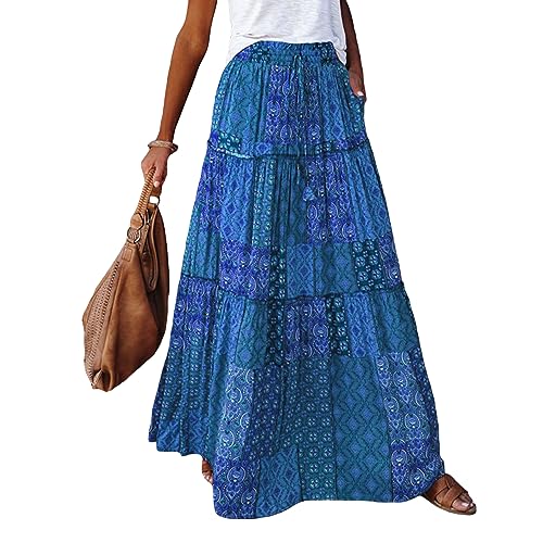Women's Retro Print Maxi Skirt Boho Floral High Waist Split A Line Midi Skirt Vintage Lace-Up Long Skirt Streetwear2