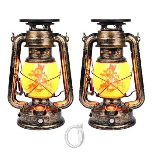 LED Vintage Solar Laternen, Weinsamkeit 2 Stück Realistische Flackerflamme Hängende Laterne mit Touch Switch, USB -Ladung, Antike Metall Laterne für Innen Draußen Garten Camping Terrasse Veranda