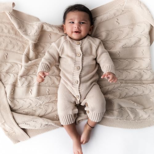 Image of Knitted Newborn Gift Set – 100% Organic Cotton Baby Outfit & Blanket – Soft Coming Home Set (0-3M, 3-6M) – Cozy Infant Romper for Daily Wear & Photoshoot – Ropa para Bebé Recién Nacido