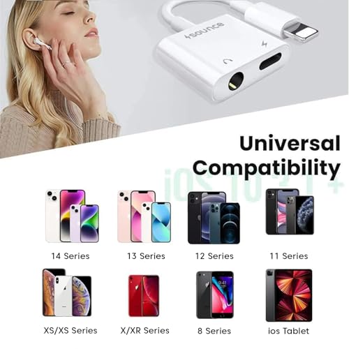 Image of Sounce 2-in-1 Lightning to 3.5mm Audio & Charging Splitter - Dual Port Adapter Cable for Music, Power, Headsets, Speakers & More - White