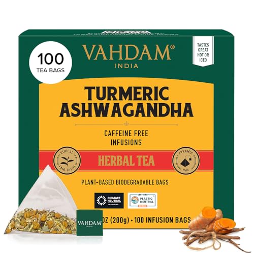 VAHDAM Turmeric Ashwagandha Herbal Tea Bags (100 Count) Caffeine Free Non GMO Gluten Free | 100% Pure Herbal Blend - Sweet & Earthy | Whole Loose-Leaf Tea Bags | Resealable Ziplock Pouch