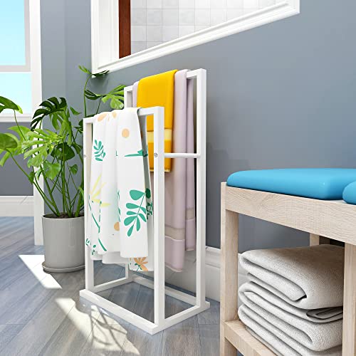 JURMERRY Porte-Serviettes sur Pied-Organisateur en métal à 2 Niveaux pour Serviettes de Bain et à Main, Accessoires de Salle de Bain, Blanc