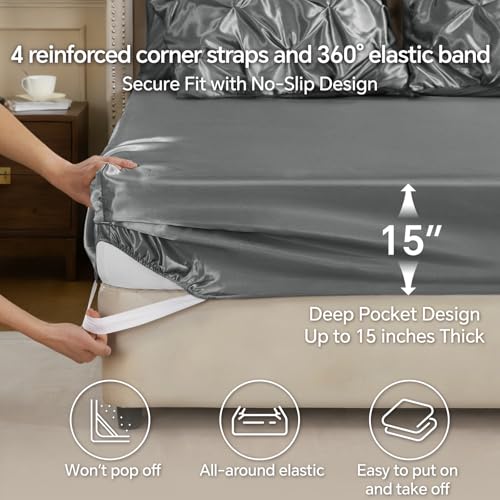 Image of BEDELITE Satin Comforter Set Queen Size, 7 Pieces Pintuck Bed in A Bag with Comforter, Flat Sheet, Fitted Sheet, Pillowcases, Shams, Soft Similar to Silk Bed Set for All Seasons (Dark Grey)