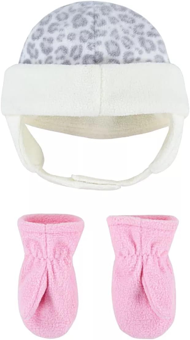 Nike Toddler Girls Leopard Trapper Hat & Mittens 2 Piece Set (White(2A2951-001)/Pink, 2-4T)