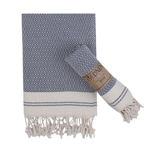 Evelynen Turkish Hand Towels for Bathroom & Kitchen Towels Decorative Set of 2 | Boho Farmhouse Hand Towels with Hanging Loops for Face Tea Dish Kitchen & Bath | (16 x 32 - Navy Blue)
