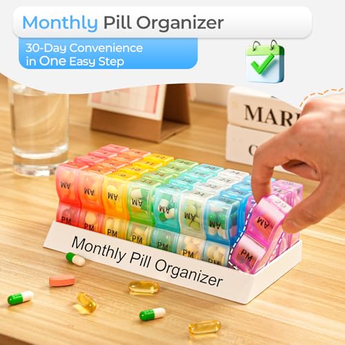 Image of Monthly Pill Organizer 2 Times a Day, one Month Pill Box AM PM, 30 Day Pill Case Small Compartments to Hold Vitamin and Travel Medicine Organizer, 31 Day Pill Organizer, 4 Week Pill Cases | Ultra-Compact, Pocket-Sized, Ultra-Light, Featherweight, Monthly Tracking, Daily Dose, Detachable Lid, Easy-Clean, BPA-Free