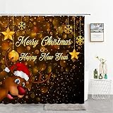 Weihnachten Duschvorhang 120x180cm,Anti Schimmel Duschvorhang Stoff Polyester Duschvorhänge Textil Waschbar mit Gewicht Saum Badewanne Vorhang, Duschvorhang mit 12 Haken -H82