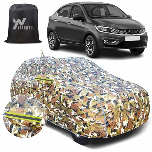Image of Car Body Cover for Tata Tigor EV, 100% Waterproof with Mirror & Antenna Pockets, Military Print Design, UV & Dust Protection, Triple Stitched, Sky Piping & Reflector (Jungle Print)