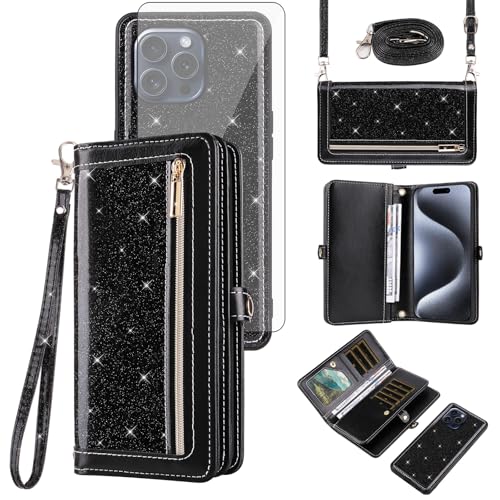 Coque portefeuille pour iPhone 15 Pro Max avec fermeture éclair et porte-cartes amovible