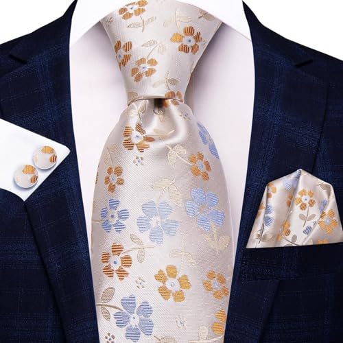 Image of Hi-Tie 70 inches Ties for Men Silk Extra Long Necktie and Pocket Square Cufflinks Set Men Big and Tall Tie Business