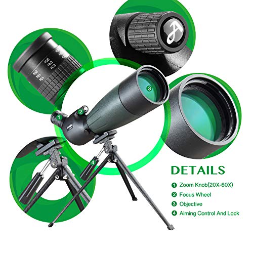 AOMEKIE Spotting Scope 20-60X80 with Tripod Phone Adapter Case for Target Sighting Hunting Bird Watching Waterproof Fogproof FMC BAK4 45°Angled Monocular Telescope - Thumbnail 4