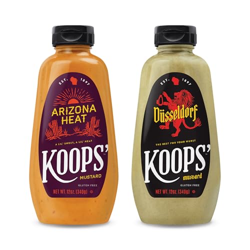 Koops' Dusseldorf & Arizona Heat Mustard - German-Style Bratwurst Mustard, Sweet and Spicy Mustard, Gluten-Free, Kosher, Made in USA, From Quality Mustard Seeds - 12 Oz, Pack of 2