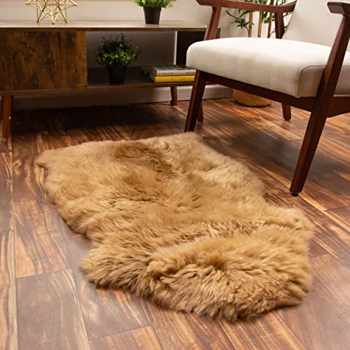 Super Area Rugs Genuine New Zealand Fluffy Sheepskin Rug For Bedroom Living Room, Beige Brown, Large 2' X 3' Single Pelt #TOP1