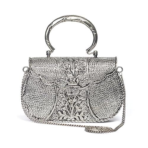 SHRI KAILA MAI TRADERS German Silver bags for Women's/Girls Brass Metal Vintage Handmade Hand Clutch Purse/Sling Purse for Women (Silver) - Size 8 * 5 * 1.5 inch-picture-23