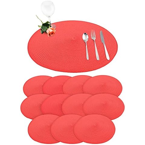 Kitchen Trends Round Jacquard Weaved Non slip Woven Ribbed Table Placemats Black Red Silver Cream Latte Modern Design 38cm Diameter (Red, Pack of 12) Cover