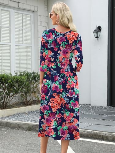 Image of Heymoments Women's Casual 3 /4 Sleeve Midi Dress Crewneck A Line Tiered Flowy Loose Travel Long Dresses with Pockets