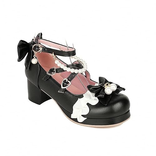 Chaussures Mary Jane à Talons Hauts pour Femmes Sweet Party Festive Lace Bow Pearl Strawberry Cute Dress Shoes