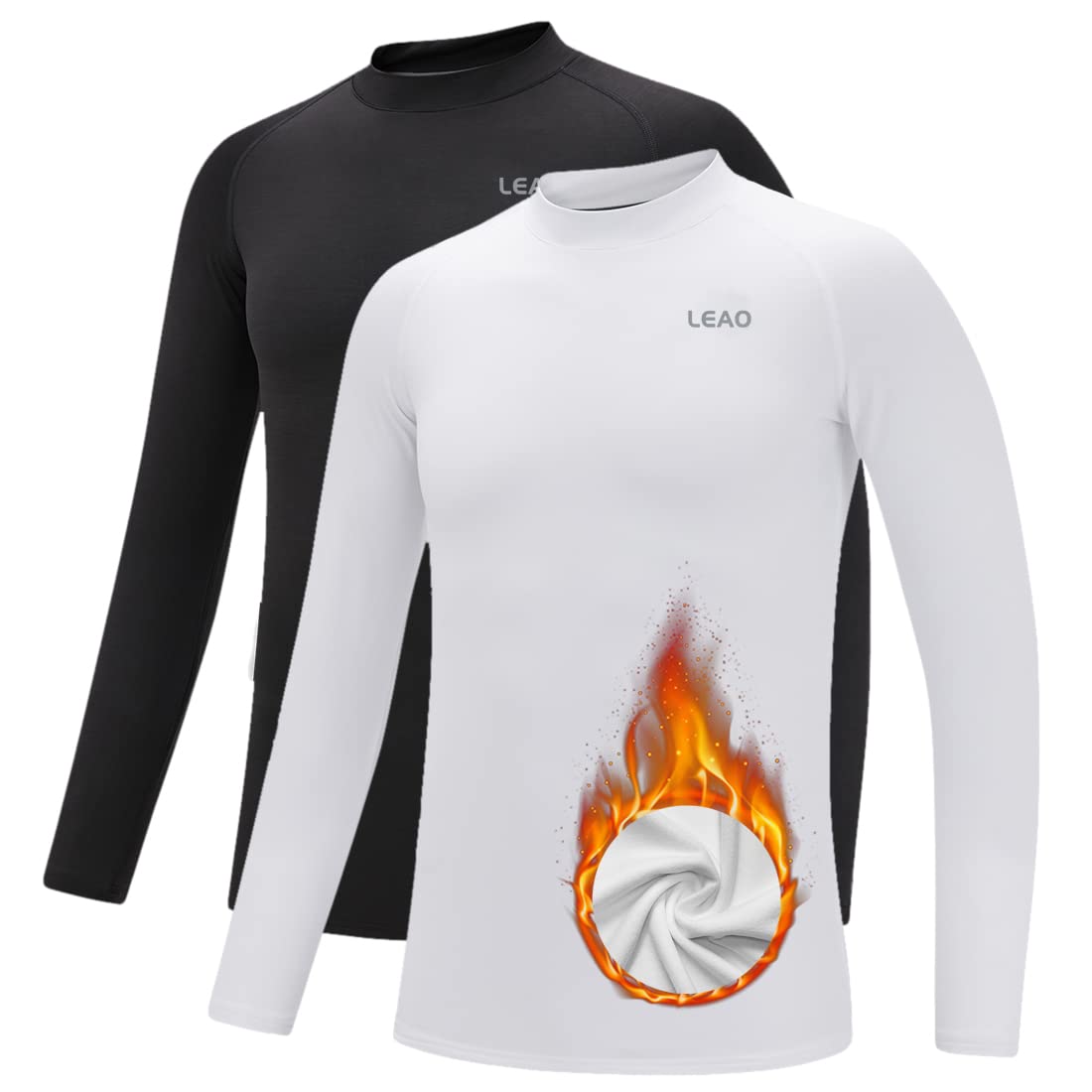 LEAO 2-Pack Youth Boys Compression Shirt Long Sleeve Fleece Quick Dry Sports Baselayer Soccer Baseball Basketball Undershirt Black/White S