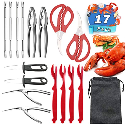 17 Pcs Seafood Tools Set - Crab Leg Crackers and Tools Including 2 Clam Knife 4 Crab Crackers 2 Lobster Shellers 2 Shrimp Deveiner Tool 4 Forks and 2 Crab Scissors