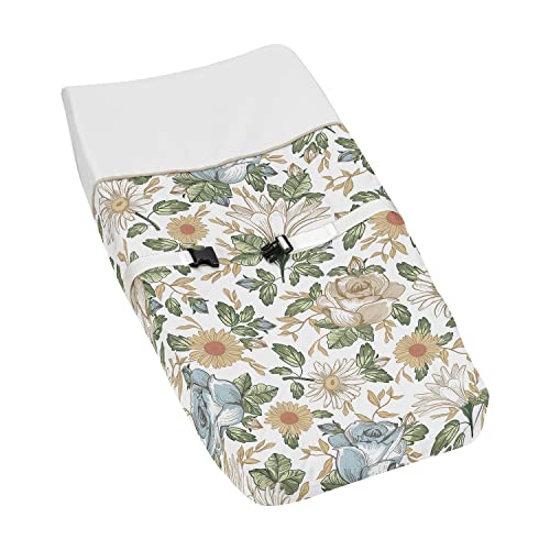 Image of Sweet Jojo Designs Vintage Floral Blue Yellow Girl Baby Changing Pad Cover for Nursery - Slate Green Gold Orange Taupe Beige Shabby Chic Rose Flower Boho Bohemian Farmhouse Roses Wildflower Botanical