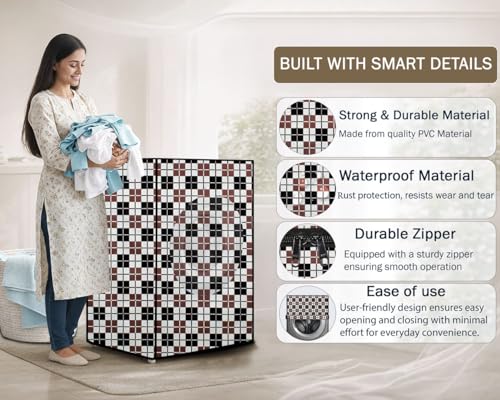Image of Stylista Waterproof Front Load Washing Machine Cover Compatible for Haier 8 kg, Checkered Pattern Grey