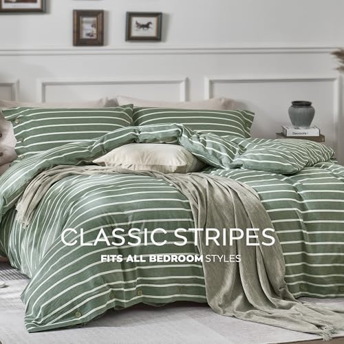 Image of JELLYMONI Cotton Duvet Cover Twin XL Size - Green Striped Comforter Cover with Button 100% Washed Cotton 2PCS Breathable Soft Solid Bedding Set Duvet Cover 66x92in & 1 Pillowcase (NO Comforter)