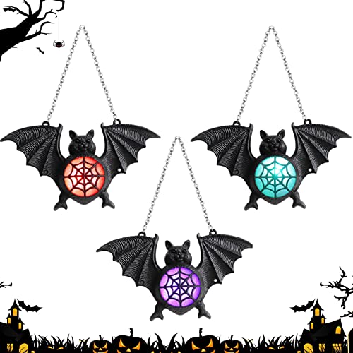 3 Pcs ハロウィーン ハンギング バット ライト | ベリーLEDライト付きホラーバットレジンフィギュア | ハロウィンパーティー用品 ハンギングライト付きデコレーション 樹脂製動物の置物 (ランダムカラー照明)