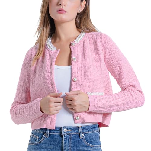 Image of URBAN REVIVO Womens Cropped Cardigan Sweaters Open Front Casual Long Sleeve Knit Pearl Button Down Crew Neck Jacket 2025