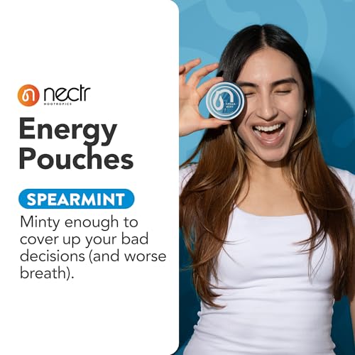 Image of Nectr Energy 50mg Caffeine Pouches - Spearmint Flavored, Sugar-Free Brain Treats. 20x Mini Nicotine-Free Pouches Per Puck. Fast Focus & Energy Supplement - 4 Pack