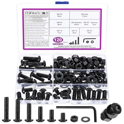 M8 Juego de Tornillos y Tuercas y Arandelas, 120 Pcs Métricos Tornillos de Cabeza Hueca Hexagonal Cilíndrico, Tornillería Tornillos Cabeza Hexagonales Redonda para Reparación Máquinas, Negro