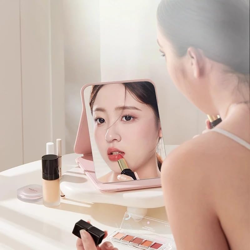 Image of Folding Portable Makeup Mirror with Adjustable Stand | HD Frameless Beveled Design | Travel-Friendly PU Leather Vanity Mirror for Desk, Dresser & Bathroom,Rectangular (Pink Round Edge Mirror)