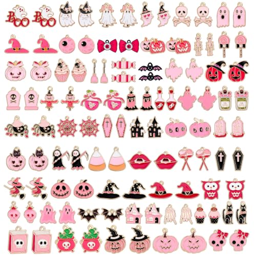 SANNIX 110Pcs 55 Pairs Pink Halloween Charms Bulk Cute Enamel Jewelry Charm